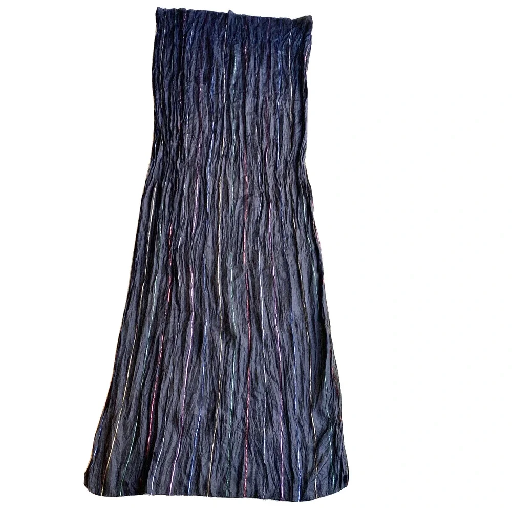 Silky black crinkle fabric scarf wrap shawl multicolor metallic ribbon stripes